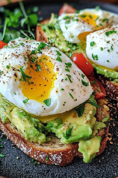 Avocado and smashed egg toast for breakfast