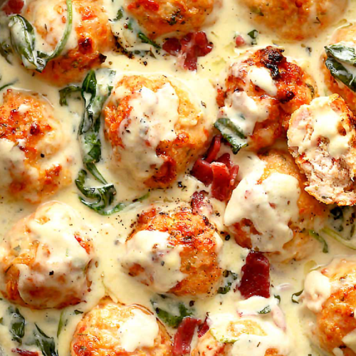 Baked Chicken Ricotta Meatballs with Spinach Alfredo Sauce