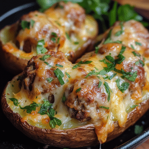 French-Inspired Baked Potatoes with Meatballs and Cheese 26 This rustic French-style dish is everything you want in comfort food: layers of tender boiled potatoes, savory meatballs, and melty cheese baked together until golden and bubbling. It’s simple, satisfying, and versatile—perfect for cozy family dinners or casual gatherings. Think of it as a cross between a gratin and a casserole, with plenty of room for personal touches.